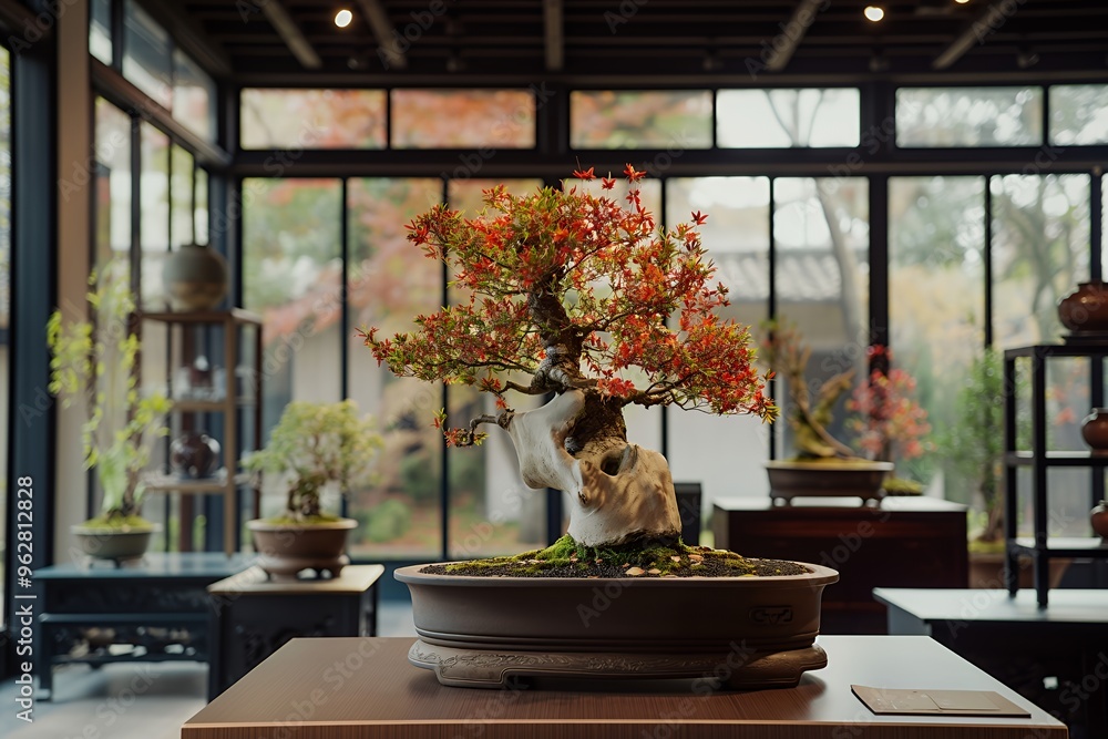 Poster a bonsai tree with red leaves in a brown pot on a wooden table, against a backdrop of windows with a