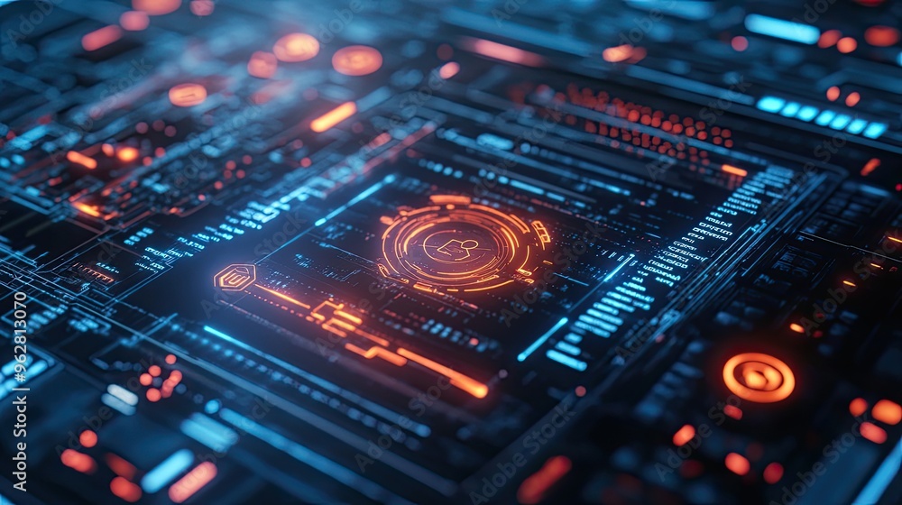 Aufkleber futuristic digital interface with glowing circuits and data patterns.