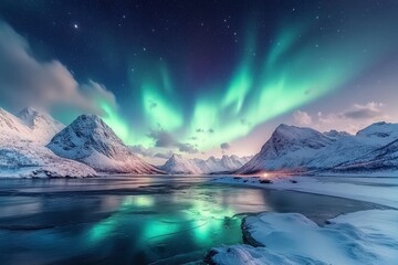 Obraz premium Northern lights over the snowy mountains, frozen sea, reflection in water at winter night in Lofoten, Norway. Aurora borealis and snowy rocks. Landscape with polar lights, road, starry sky, ai