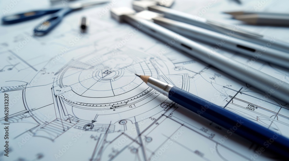 Poster detailed architectural blueprints accompanied by various drawing tools on a desk. this setup highlig