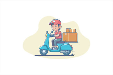 Delivery Man Ride Scooter Motorcycle Cartoon Vector illustration.