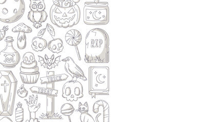 Naklejka premium Halloween minimalist background, horizontal poster with spooky, scary icons. Flat vector illustration, monochrome gray side border frame, space for text. For greeting card, party, invitation, banner