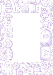 Fototapeta premium Halloween poster, vertical a4 vector background, space for text in the middle. Minimalist purple scary icons border frame. Spooky ghost, skull and bones, bat. For banner, invitation, party, planner