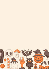 Halloween poster, vertical a4 background, space for text. Colorful orange and brown bottom frame. Holiday elements, skull, ghost, pumpkin, sweets, zombie hand. For card, banner, invitation, planner