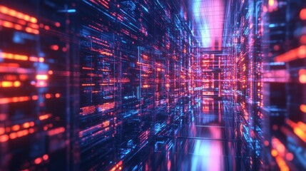 Futuristic digital corridor with glowing lines and patterns.