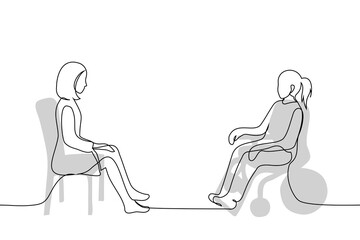 woman doctor sitting on chair opposite her sitting woman in motorized wheelchair - one line art vector. concept medical care for people with disabilities