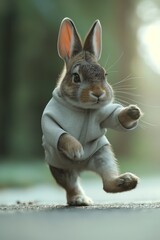 Rabbit athlete wears gray sweater white pants performs playful dance moves forest background blurred. Fitness influencer rabbit promotes healthy lifestyle exercise outdoors nature.