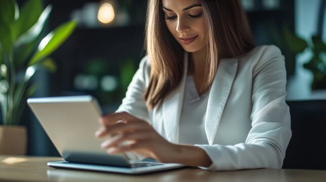 Businesswoman types on tablet at desk.