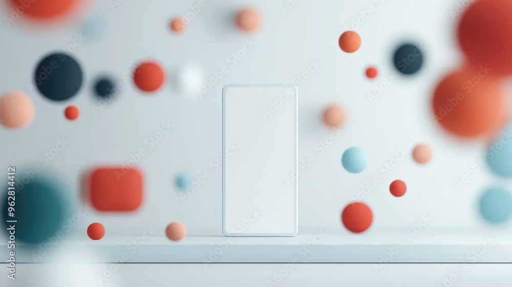 Poster captivating display of a minimalist smartphone surrounded by playful floating geometric shapes