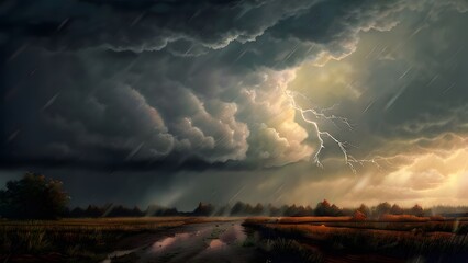 a scene of rain and thunder. Generative ai.