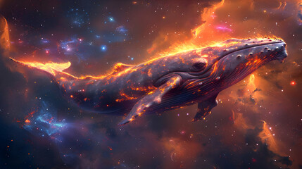 Obraz premium Fiery Whale Illustration in a Starry Galaxy