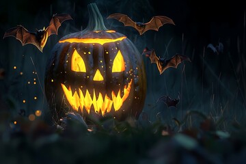A jack-o'-lantern with bats flying around, illuminating a dark night, perfect for text overlay.