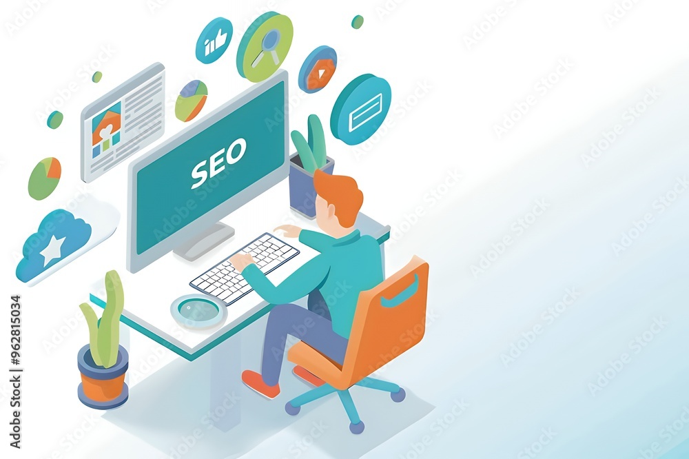 Poster isometric illustration of a person working on a computer with seo on the screen and related icons.
