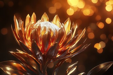 On a bright canvas, sparkling golden leaves and flowers are highlighted on a crafted protea flower