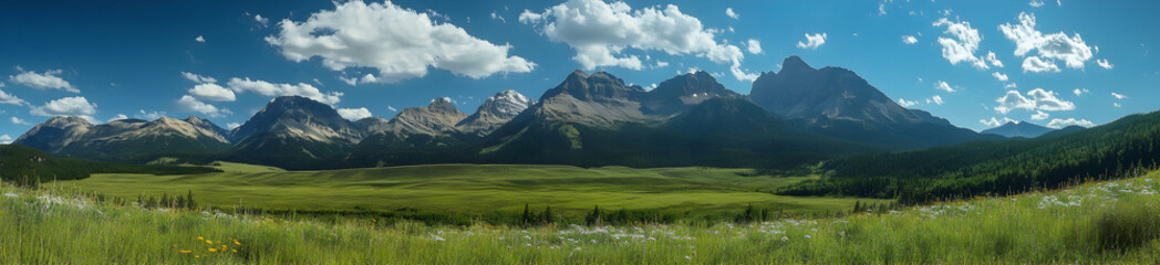 A picturesque mountain valley blanketed with wildflowers, with towering peaks in the distance and a clear blue sky dotted with fluffy white clouds