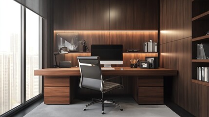 Modern office space featuring a sleek desk and computer with a city view.