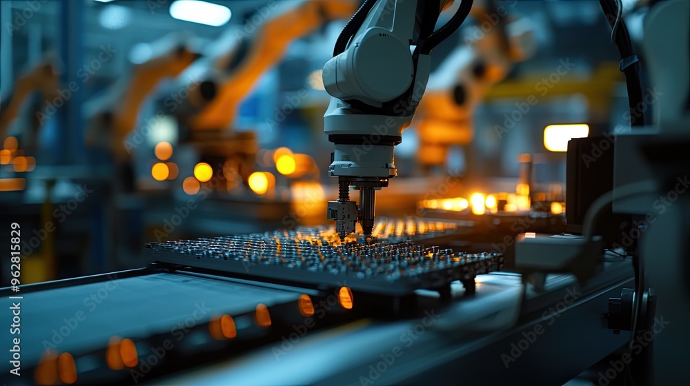 Poster robotic arm assembling components on a conveyor belt in a factory setting.