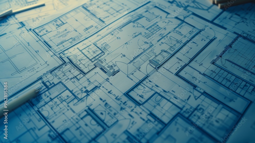 Poster detailed blueprints on a drafting table showcase intricate architectural plans and designs. the imag