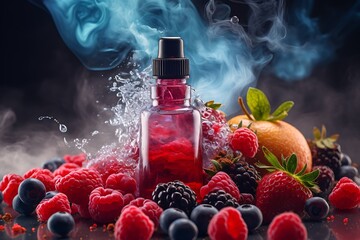 Bottle of essential oil with fresh berries and smoke on black background