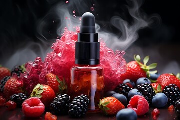 Bottle of essential oil with fresh berries and smoke on black background