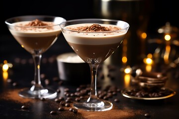 Dessert tiramisu in a glass on a dark background.