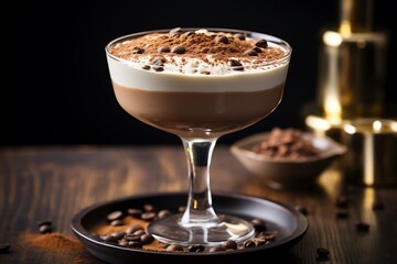 Dessert tiramisu in a glass on a dark background.