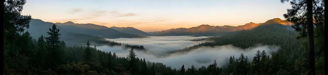 A panoramic view of a fog-covered valley at sunrise, with layers of mist rising from the forest and distant mountains bathed in the first light of day