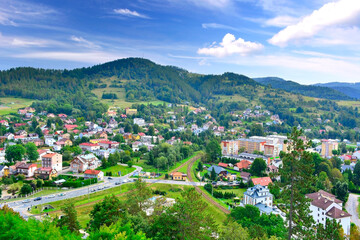 View at the town and nearest mountains from the ruins of a medieval castle in Muszyna, Poland
