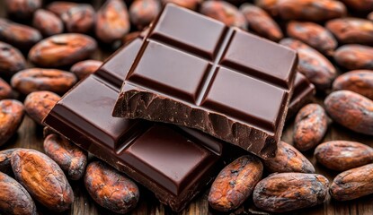 Artisanal dark chocolate bar broken into pieces, surrounded by cacao beans, focusing on the antioxidant benefits of cocoa