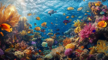 Fototapeta premium A vibrant coral reef teeming with life, with fish of all shapes and sizes swimming among the coral