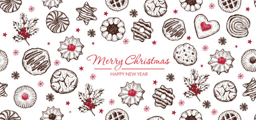 Christmas Cookie and Holly set, Hand drawn illustration	
