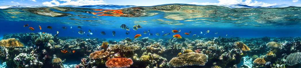 Fototapeta premium A vibrant coral reef viewed from above, with colorful coral formations and schools of fish swimming through the clear, shallow water under a brilliant blue sky