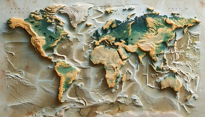 World Relief: A 3D relief map of the world crafted in stone, showcasing the intricate details of continents and oceans, offering a tangible representation of global interconnectedness.