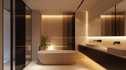 A sophisticated bathroom with a freestanding bathtub, sleek floating vanity