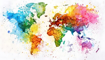 Watercolor World Map: A vibrant and colorful watercolor painting of the world map, symbolizing global connection, diversity, and unity.  