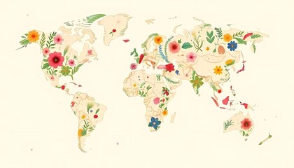 Fototapeta premium Floral World Map: A delicate world map crafted from blooming flowers in a vibrant array of hues. This design evokes a sense of global unity and interconnectedness, perfect for travel, nature, and wor