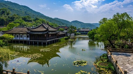 Fototapeta premium Immerse yourself in the tranquility of a picturesque landscape adorned with timeless traditional architecture and cultural symbols.