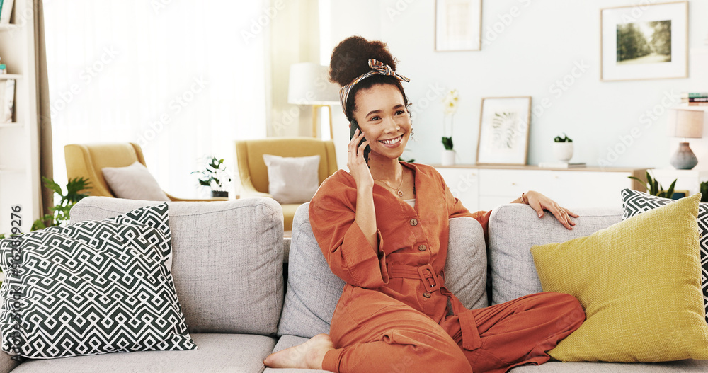 Poster woman, phone call and happy on sofa in home, relax and conversation with mobile network in lounge. p