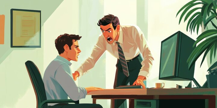 Angry boss yelling at employee in office.