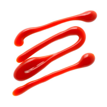 Four thin, glossy lines of tomato ketchup drizzled in parallel on a white background, creating a simple, clean look.