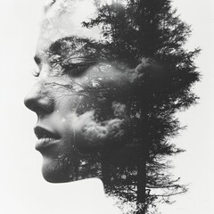 Black and white double exposure portrait of a woman with a tree growing out of her face.