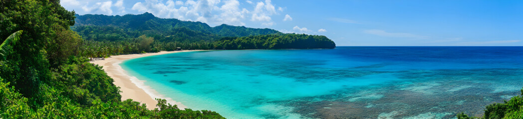 A sweeping view of a tropical coastline with crystal-clear waters gently lapping at a pristine white sandy beach, surrounded by lush greenery under a cloudless sky