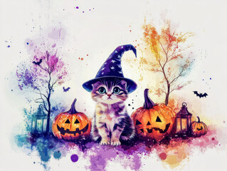 Fototapeta premium Black Cat in Witch Hat with Halloween Pumpkins and Bats