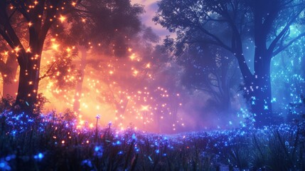 Naklejka premium A magical forest scene featuring glowing blue and orange lights amidst lush greenery. The ethereal glow creates a captivating and mystical atmosphere, perfect for fantasy-themed projects.