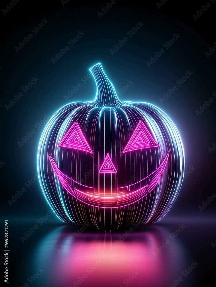Poster a neon-lit jack-o'-lantern with 80s-inspired geometric patterns, set against a dark background with 