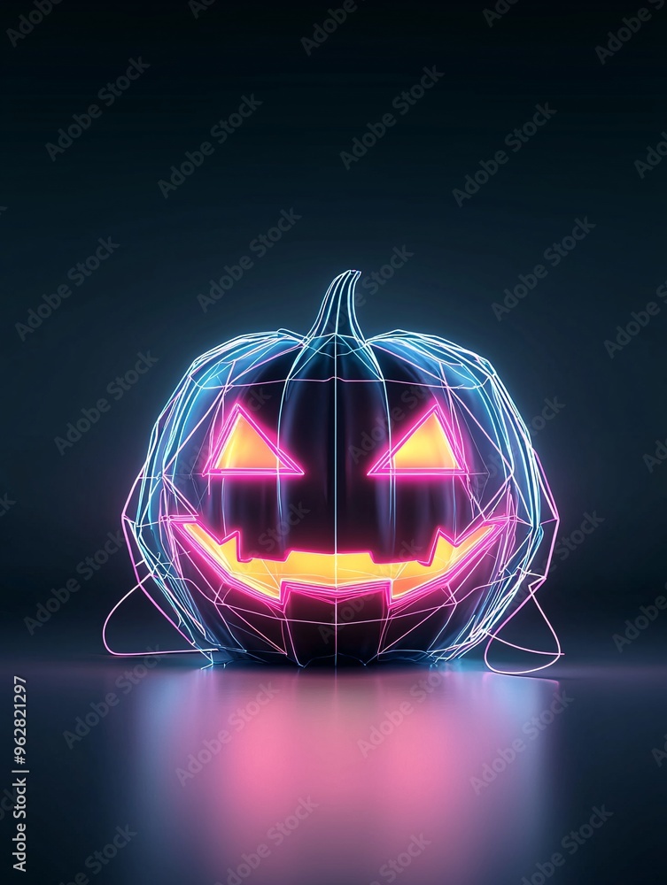 Poster a neon-lit jack-o'-lantern with 80s-inspired geometric patterns, set against a dark background with 