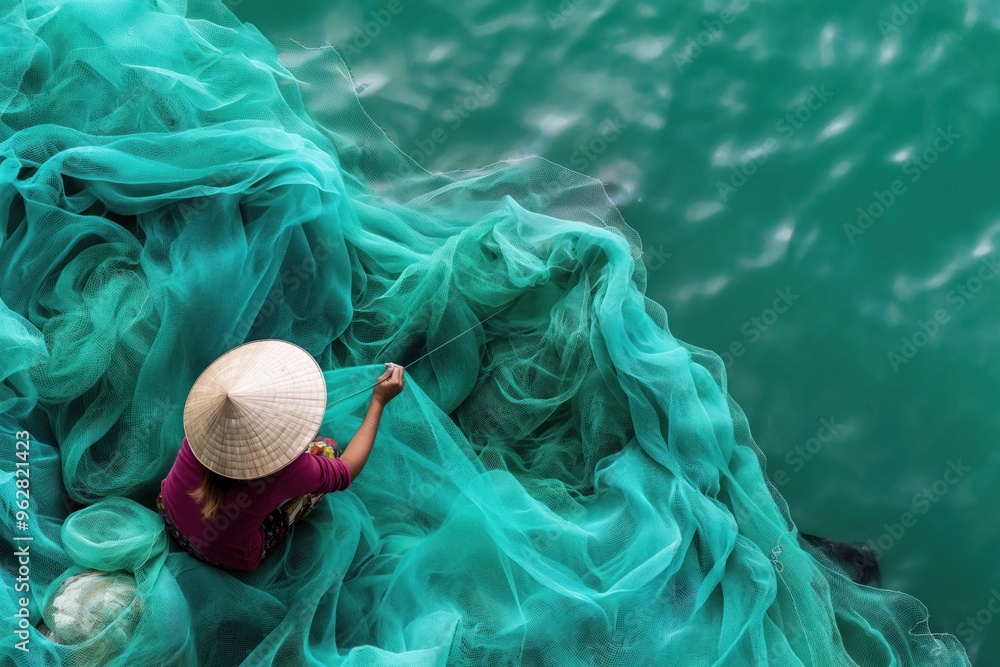 Wall mural woman sits on rock, holding fishing net near turquoise water. she gazes at green water, net spread o