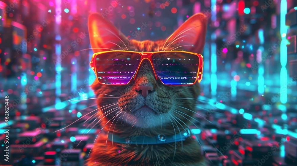 Poster a stylish cat dons a pair of futuristic sunglasses, blending seamlessly into a digital cityscape fil