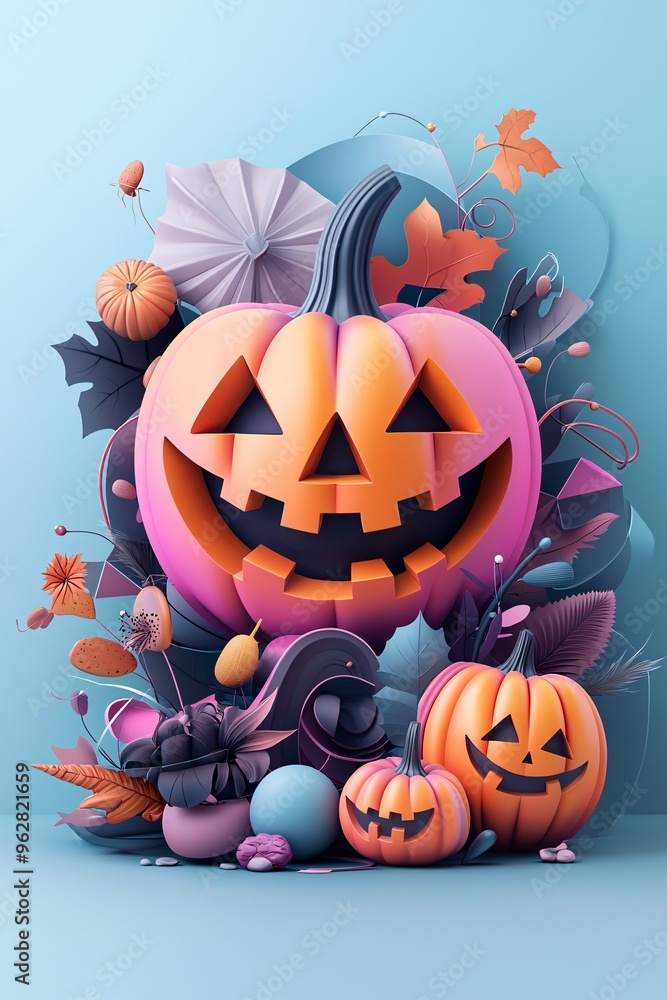 Poster A minimalist 80s Halloween poster design with neon-colored pumpkins and geometric patterns, providing large copy space for custom messaging or branding.