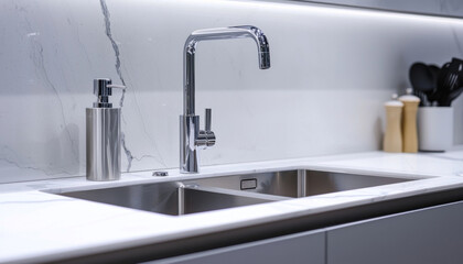 A modern kitchen sink with a sleek faucet, soap dispenser, and utensils, showcasing minimalist design and functionality.